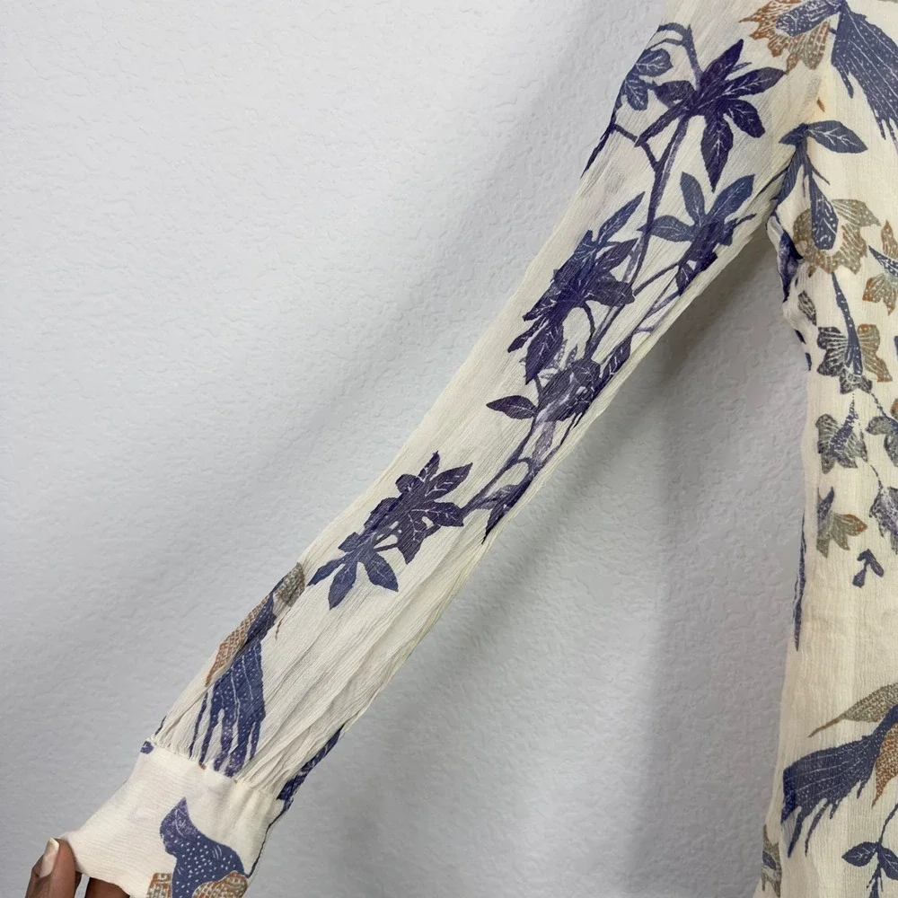 Tory Burch Shirt 4 Cream Silk Bird Floral Boho Cottagecore Artsy Romantic Luxury